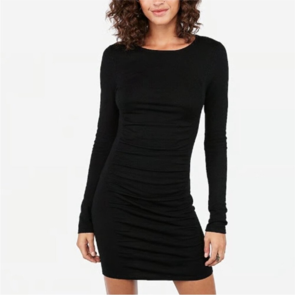 Express Black Long Sleeve Ruched Lightweight Sweater Dress